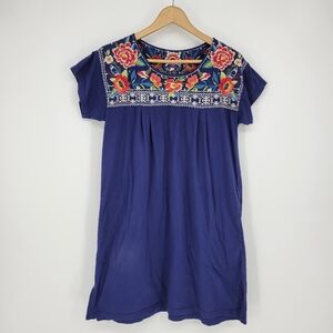 Johnny Was Blue Dress with Floral Embroidery